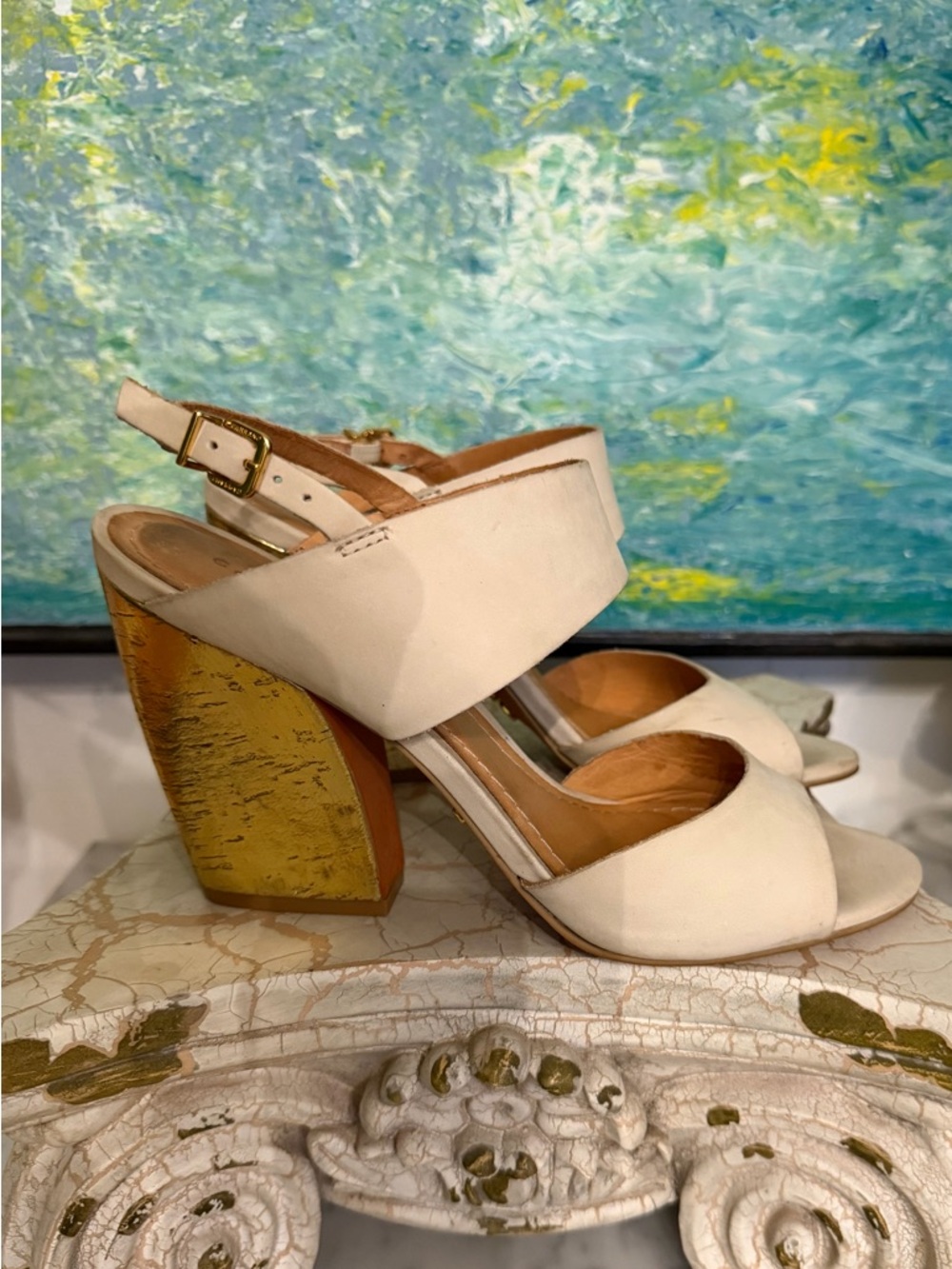 Carrano Off-White Open-Toe Sandals with Gold Block Heel